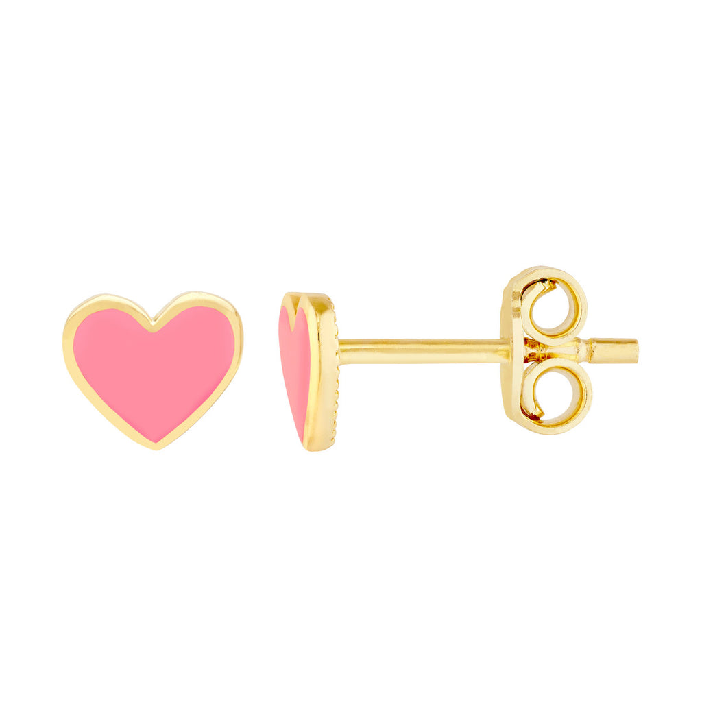 14K Gold.Pink Enamel Heart Baby Stud Earrings