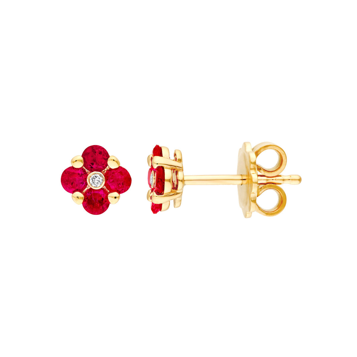 2.5mm Ruby / Natural Diamond Flower Stud Earrings