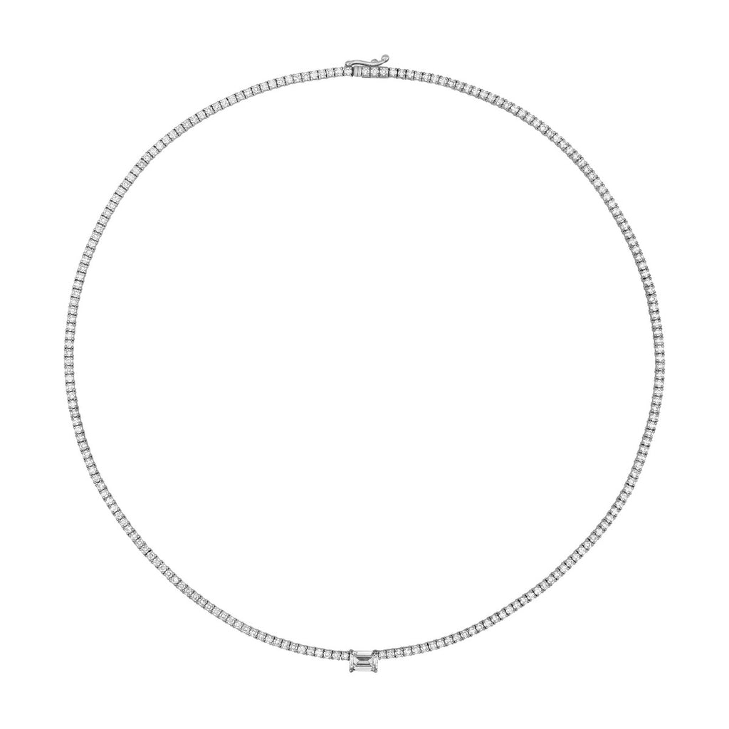 7 Cts Lab Grown Emerald Center Diamond Full Tennis Straight Necklace