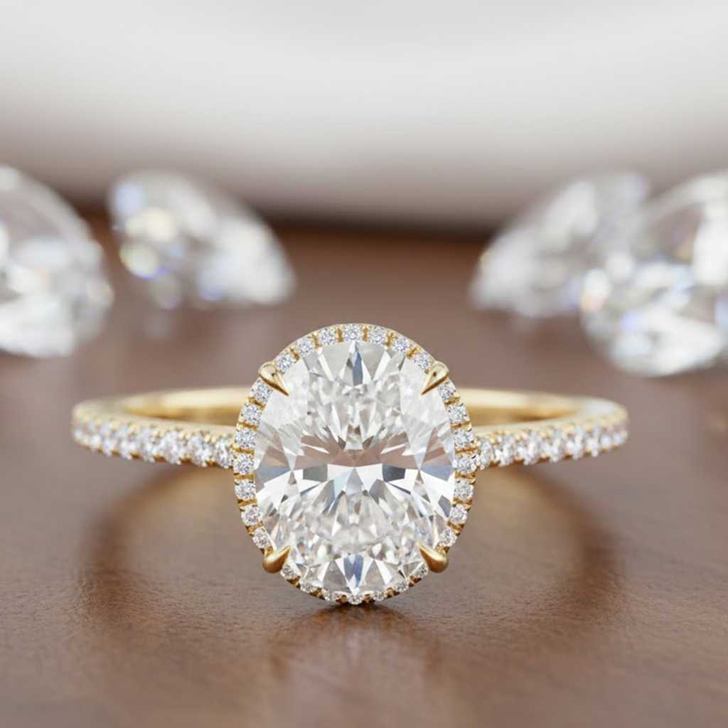 4 carats (round or oval) lab grown ,under halo engagement ring